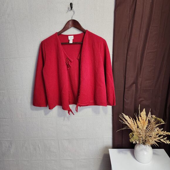 Chico's Womens Sweater Size 1 ( Medium - 8 ) Red Wool Open Front Fringe - Picture 1 of 11